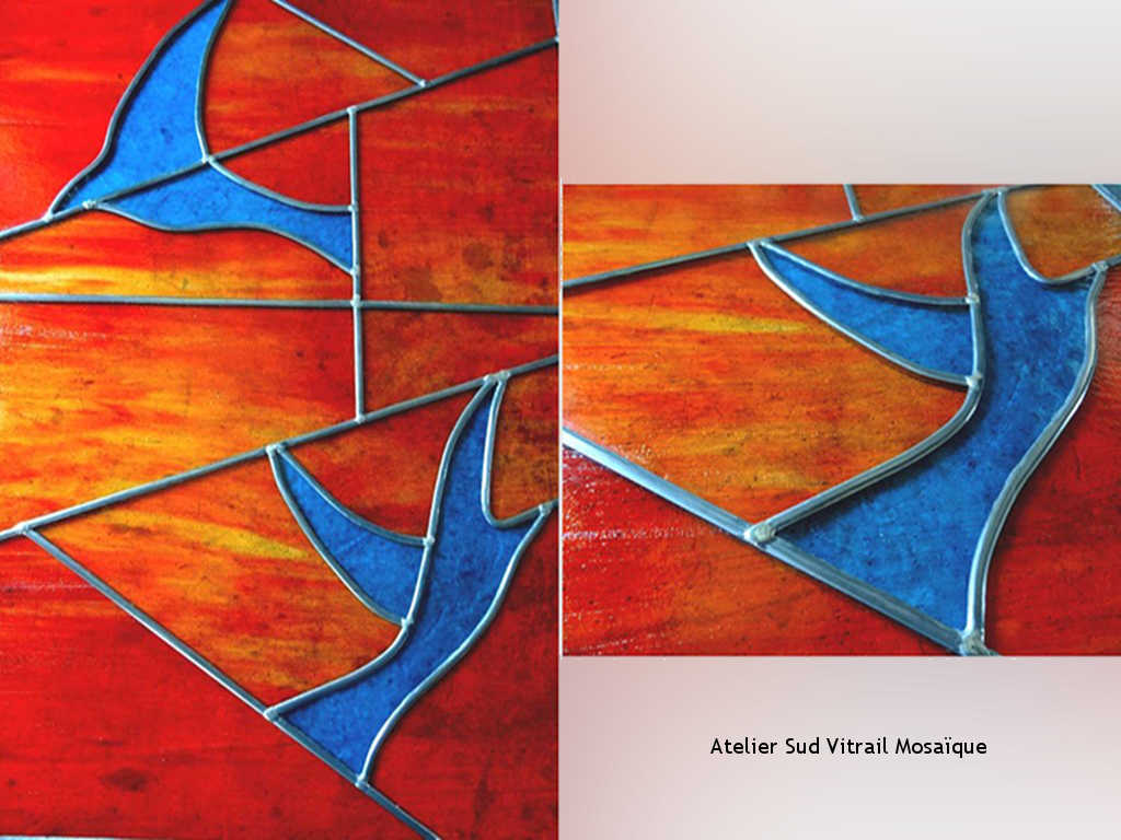 Vitrail "Folon" traditionnel au Plomb orange et bleu - Sud Vitrail Mosaïqu