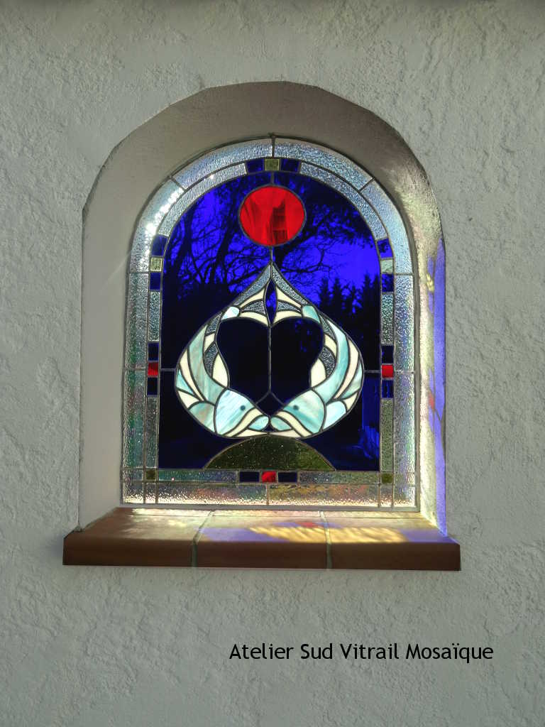 Vitrail Tiffany "Poissons" Bleu et rouge - Sud Vitrail Mosaïque