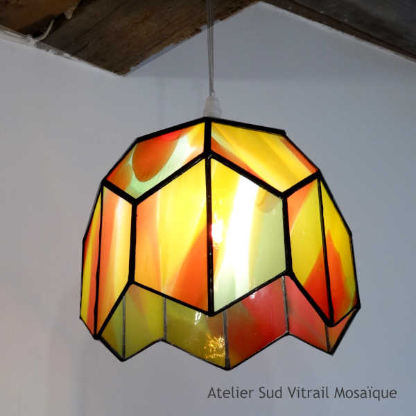 Suspension vintage orange en vitrail Tiffany - Sud Vitrail Mosaïque