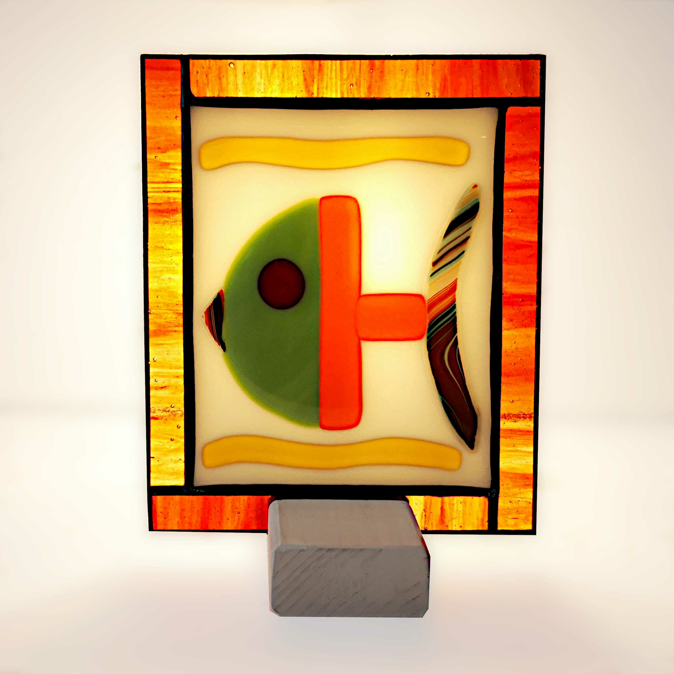 Lampe veilleuse Poisson Vert clair et orange en Fusing et Vitrail - Sud Vitrail Mosaique